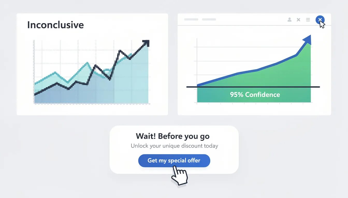 The image features a split panel: the left side displays a shaky, pixelated A/B test graph labeled 'Inconclusive,' while the right side presents a clear graph exceeding the '95% Confidence' threshold. Below, a website visitor's cursor approaches a close button, activating an engaging exit-intent popup that offers a unique discount, highlighting effective customer acquisition strategies.