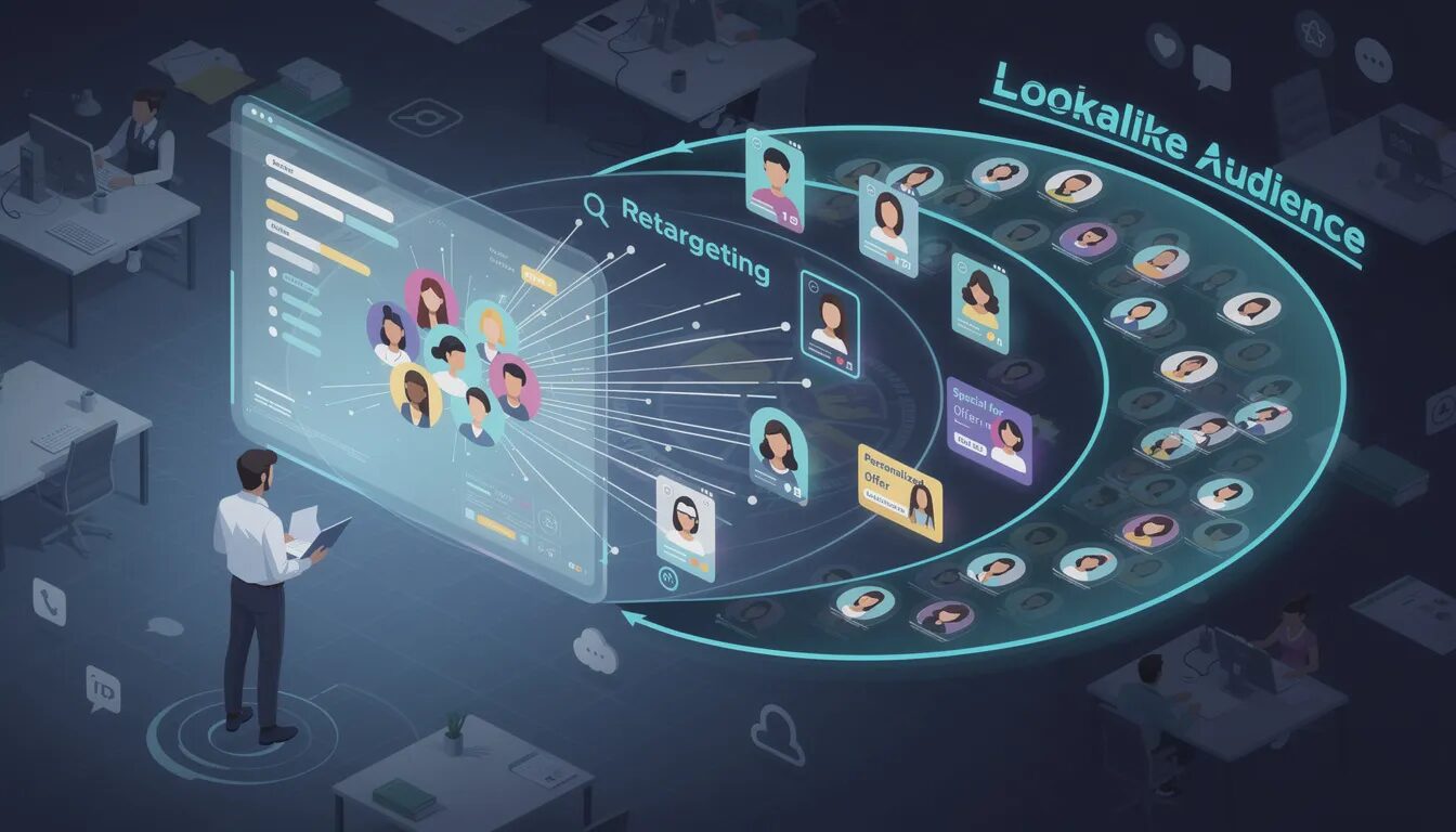 A digital marketer stands in front of a large screen showcasing a core group of customer icons from a CRM database, with lines of light connecting them to two expanding circles. One circle represents retargeting efforts with personalized ads for existing customers, while the larger outer circle aims to engage new potential clients through effective lead generation strategies on social media platforms.