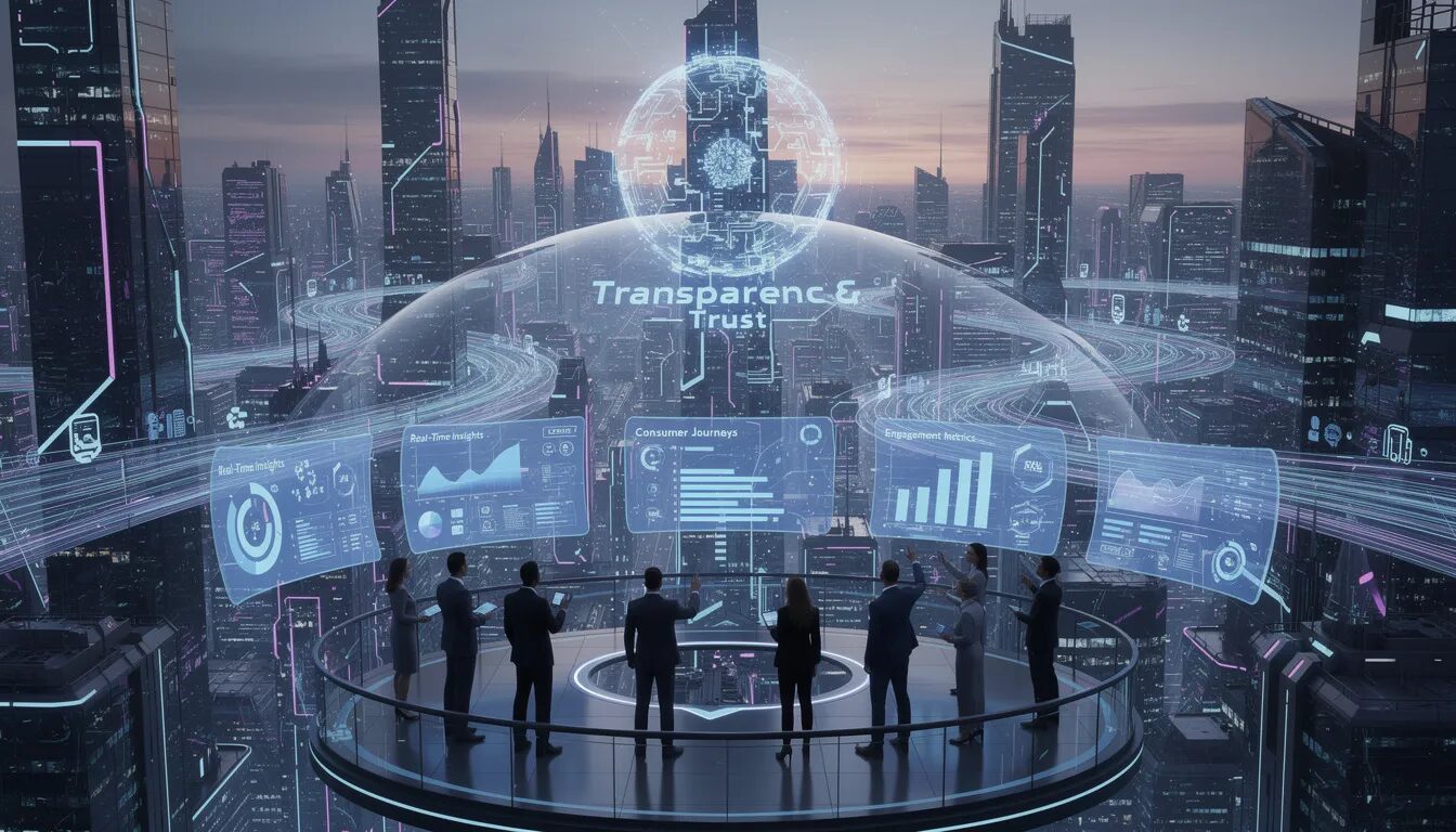 The image depicts a futuristic cityscape with a transparent data network connecting consumers to a central AI analytics hub, where marketers monitor real-time insights on holographic dashboards. A protective shield labeled 'Transparency & Trust' symbolizes the ethical use of data, highlighting the evolving digital marketing landscape and its focus on consumer behavior and customer engagement.