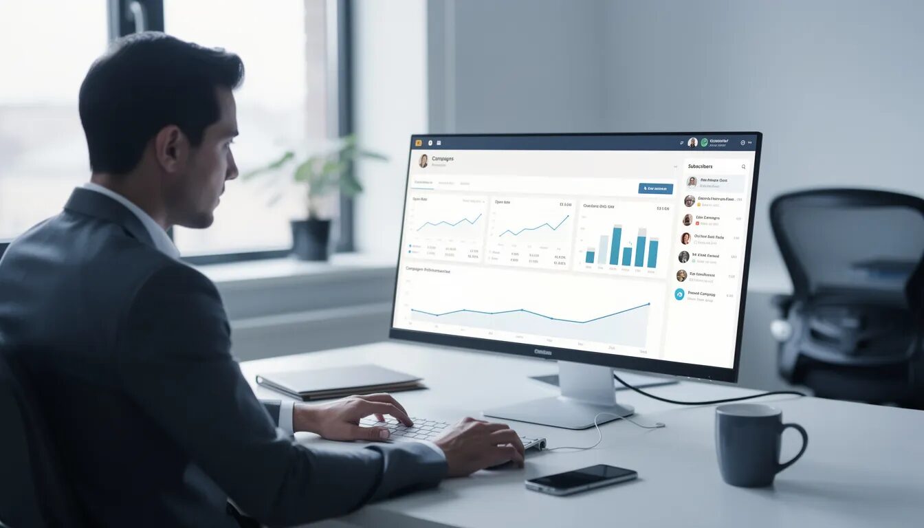 A professional is focused on a computer screen displaying an email marketing analytics dashboard, analyzing metrics to enhance lead generation efforts. The dashboard provides valuable insights into conversion rates and the effectiveness of various marketing campaigns aimed at capturing high-quality leads.