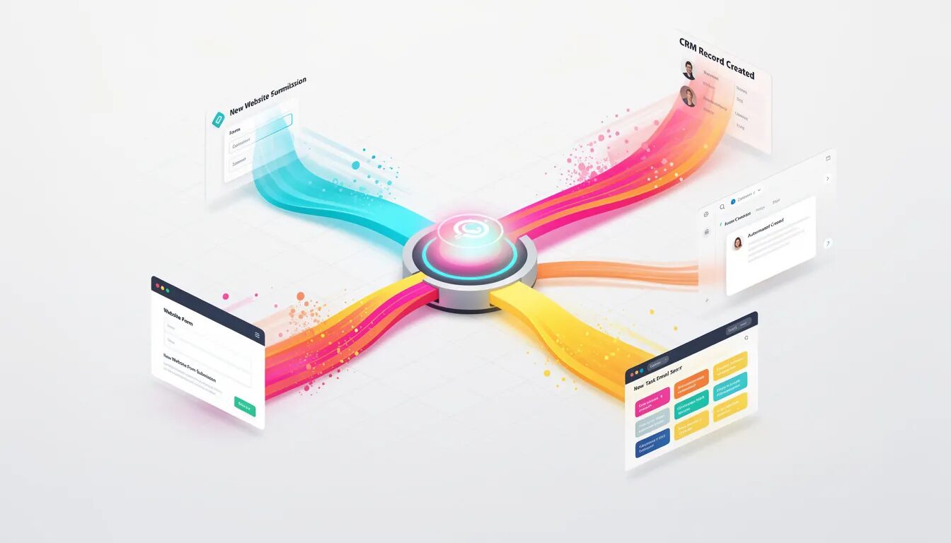 The image depicts a vibrant flowchart showcasing Zapier as a central, intelligent router, where colorful data streams from a website form are seamlessly divided into multiple automated workflows. These streams instantly populate a CRM, trigger an email, and create a task in a project management tool, highlighting the power of automation tools in streamlining business processes and eliminating manual effort.