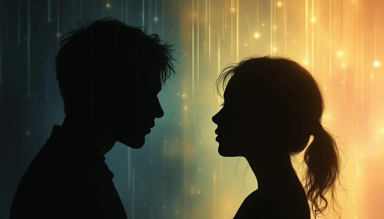 The image depicts two silhouetted figures trying to connect through a fragile, shimmering barrier, with delicate, glowing threads symbolizing their communication. This conceptual illustration captures the fragility of trust in anonymous online environments, highlighting the complexities and uncertainties that can arise in online interactions within social media platforms.