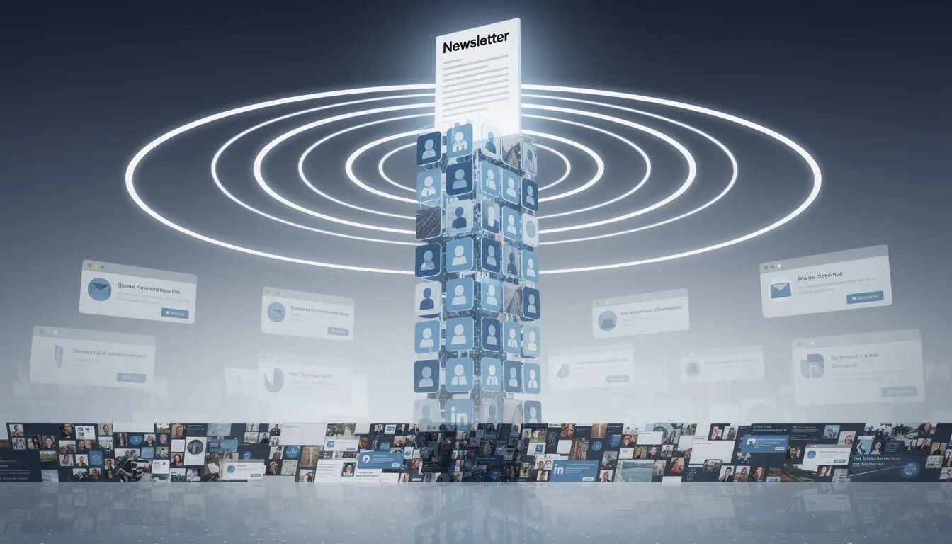 The image depicts a digital tower constructed from interconnected LinkedIn profile icons, symbolizing an effective lead generation strategy. At the top, a newsletter emits signals, representing the powerful outreach to thousands of professionals, effectively bypassing the clutter of social media platforms below.
