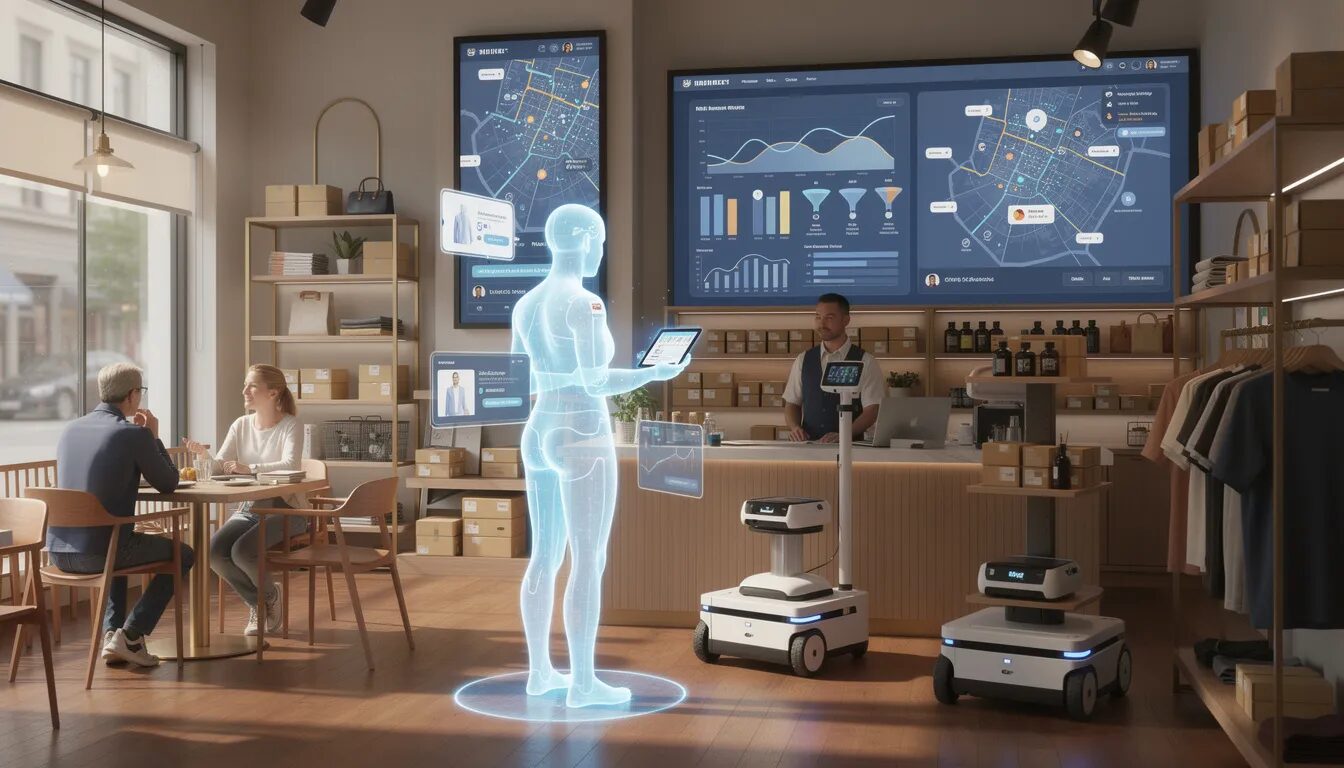 The image depicts a vibrant small business, such as a cafe or boutique, where a holographic AI assistant interacts with a customer, showcasing the integration of digital transformation into daily operations. In the background, the owner monitors real-time analytics on a dashboard while automated systems manage inventory and digital marketing efforts, illustrating the benefits of embracing digital solutions for improved customer experience and operational efficiency.