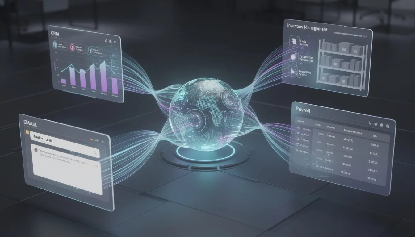 The image depicts a central, glowing automation hub with vibrant streams of light representing various automation tools, each effortlessly managing different business processes such as CRM updates, payroll processing, and inventory management. This visual symbolizes the power of business process automation and the integration capabilities of automated workflows, showcasing how intelligent systems can streamline operations and reduce the need for manual effort in routine tasks.