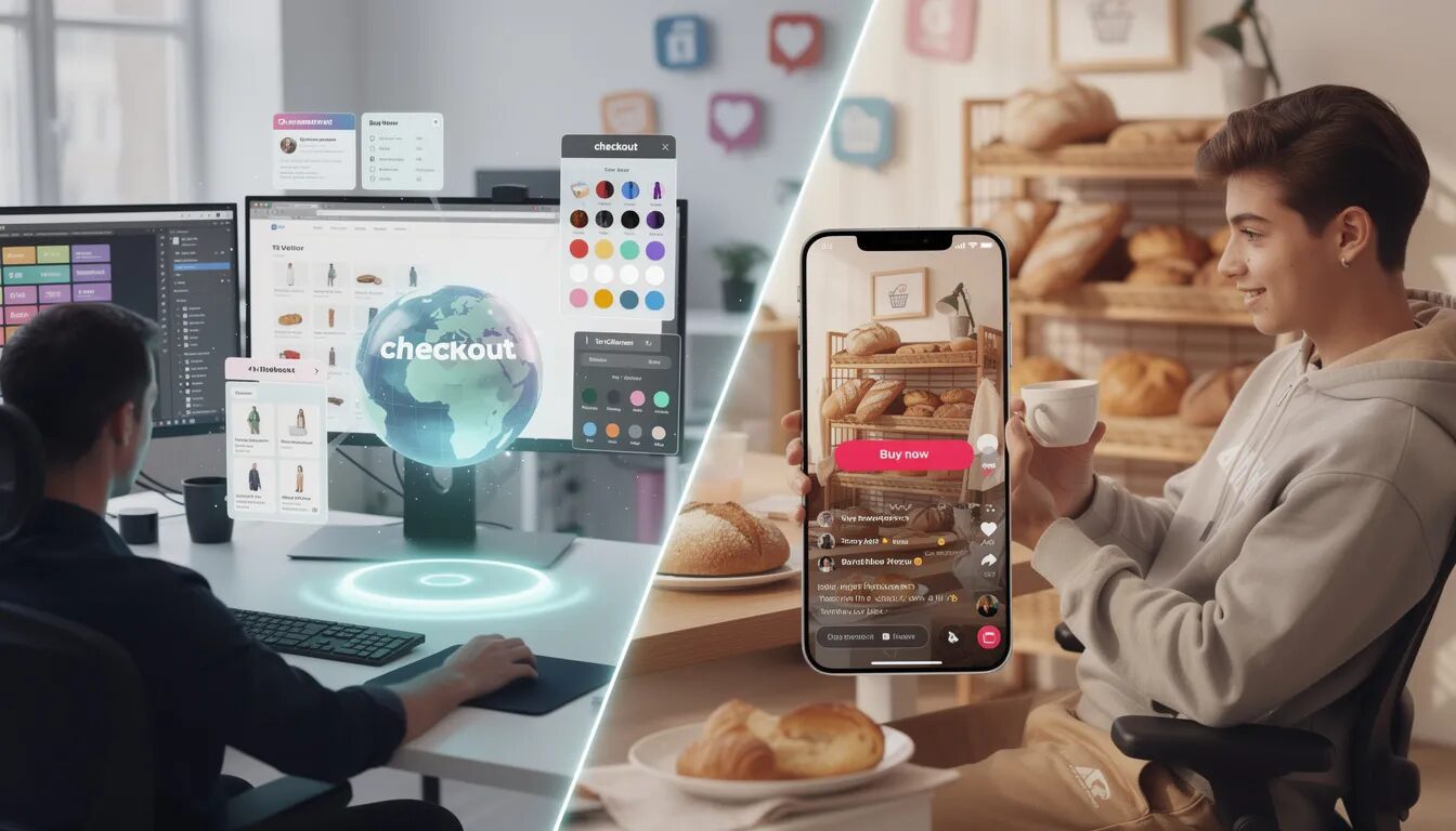 The image depicts a vibrant scene divided into two halves: on the left, a developer is effortlessly altering a website's visual theme while maintaining a glowing 'checkout' core, illustrating the concept of headless commerce and digital transformation. On the right, a Gen Z user is seamlessly purchasing a product from a bakery's video on a TikTok-like app, showcasing the integration of social commerce and the evolving customer behavior in today's digital world.