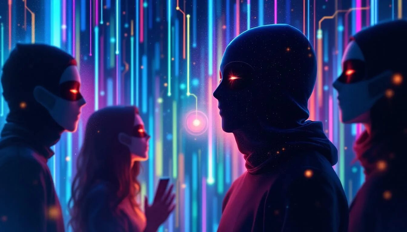 The image depicts a diverse group of masked figures in a vibrant digital space, with beams of colorful light symbolizing their voices converging into a central sphere of open dialogue. This conceptual illustration emphasizes the importance of anonymity in online communication, showcasing how anonymous online environments can empower self-expression and foster inclusive social interactions while protecting users from potential online abuse.