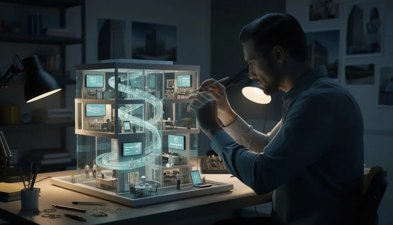 The image depicts a marketer meticulously crafting a miniature replica of a Fortune 500 company's headquarters, complete with tiny screens displaying personalized content tailored for individual clients. This representation illustrates a lead generation strategy focused on delivering high-quality, targeted marketing efforts that enhance customer engagement and drive business growth.