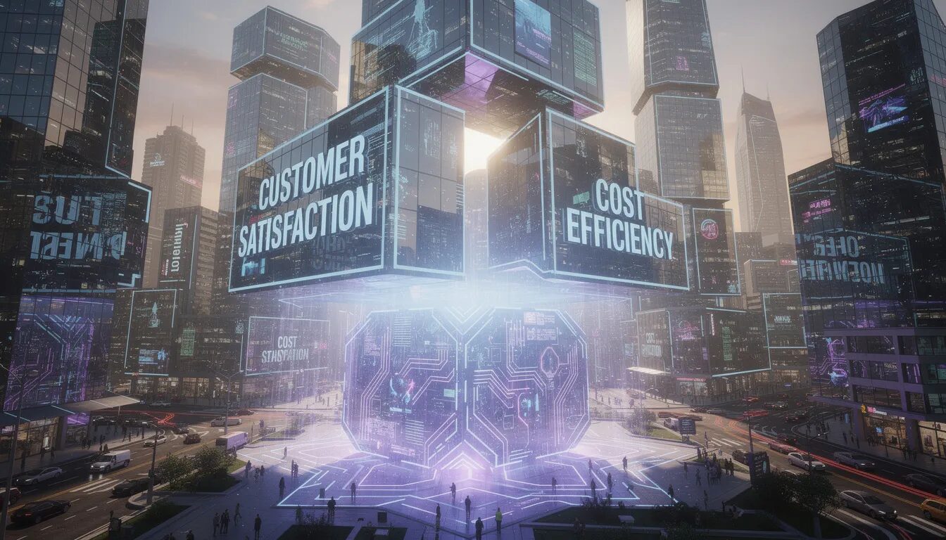 The image depicts a modern cityscape where skyscrapers are creatively constructed from interlocking blocks labeled 'Customer Satisfaction' and 'Cost Efficiency,' all resting on a luminous AI core. This vibrant scene symbolizes how AI technology is revolutionizing customer service, making it an essential infrastructure for achieving operational efficiency and enhancing customer experiences.
