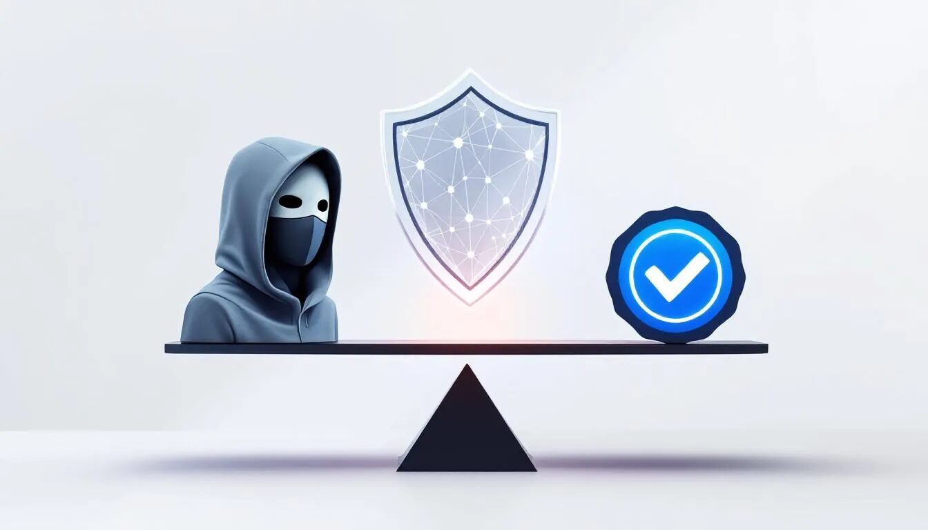 The image depicts a conceptual illustration of the balance between online anonymity and accountability, featuring a set of scales with a masked figure representing anonymity on one side and a verified identity badge on the other. A translucent shield between them symbolizes the ongoing challenge of protecting users in the online world while preventing harm from online abuse and maintaining a safe online community.