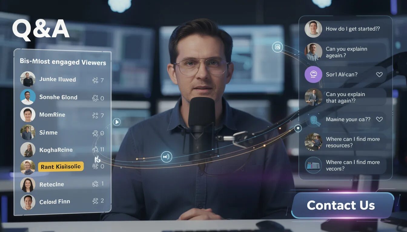 The image depicts a vibrant live stream session with a host engaging with viewers, accompanied by a 'Q&A' graphic and a prominent 'Contact Us' call-to-action. A flowing chat feed showcases participant questions, while glowing connection requests are directed towards a curated list of potential customers, highlighting effective lead generation strategies in action.