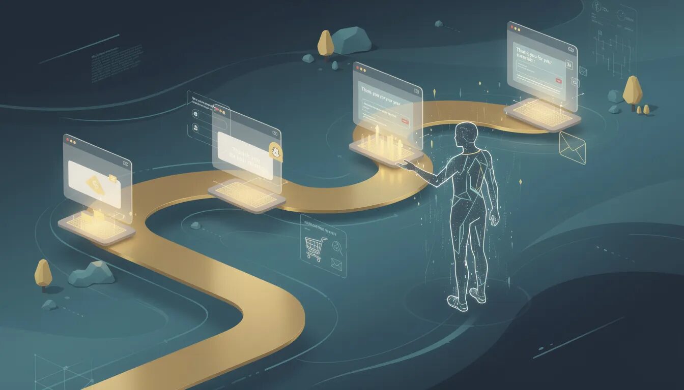 The image illustrates Mailchimp as an advanced automation tool guiding customers along a winding path, where personalized email stations illuminate at crucial moments, such as after a purchase. This visual representation highlights the concept of customer experience automation, showcasing how automated workflows can enhance customer relationships by delivering tailored messages throughout their journey.