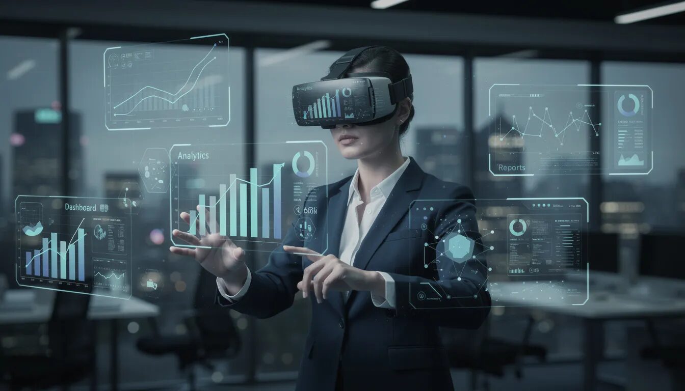 A person is wearing a VR headset, actively engaging with a virtual business environment filled with digital interfaces, showcasing various lead generation strategies and marketing campaigns aimed at capturing high-quality leads and enhancing business growth. The immersive experience highlights the potential for effective lead generation efforts through innovative technology.