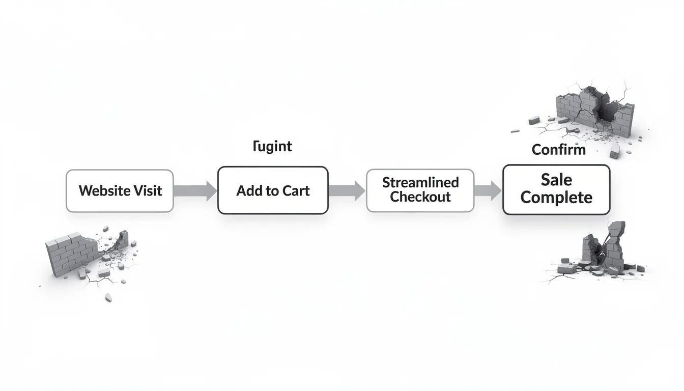 The image features a sleek, minimalist flowchart illustrating the customer journey from a website visit to a 'Sale Complete' confirmation, highlighting essential steps like 'Add to Cart' and 'Streamlined Checkout.' Crumbled barriers representing friction points are placed off to the side, symbolizing an effective customer acquisition strategy that successfully engages potential customers while enhancing the overall customer experience.