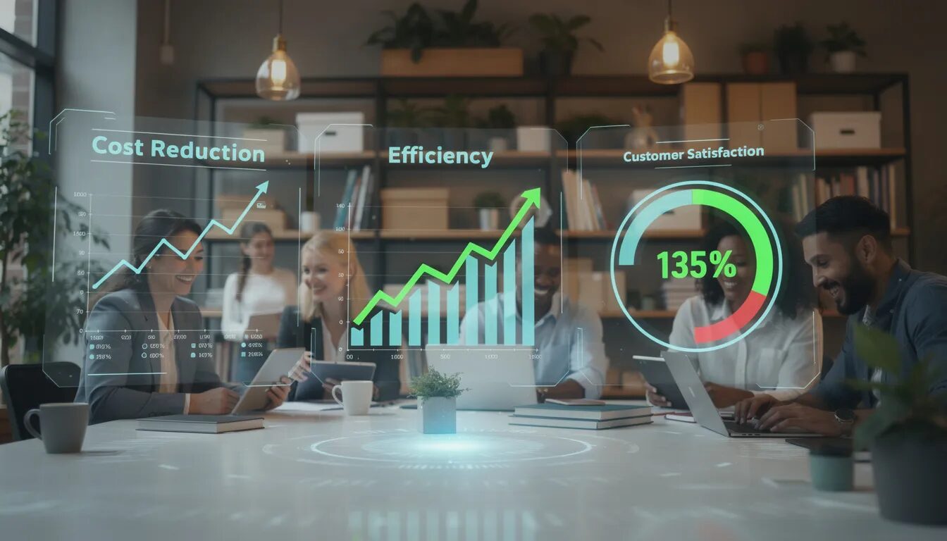 The image features a dynamic hologram of a business dashboard showcasing key performance indicators, with graphs for 'Cost Reduction' and 'Efficiency' trending upwards, and a 'Customer Satisfaction' gauge soaring to 135%. This representation highlights the impact of digital transformation on small businesses, emphasizing the connection between data-driven insights and operational success in today's digital world.