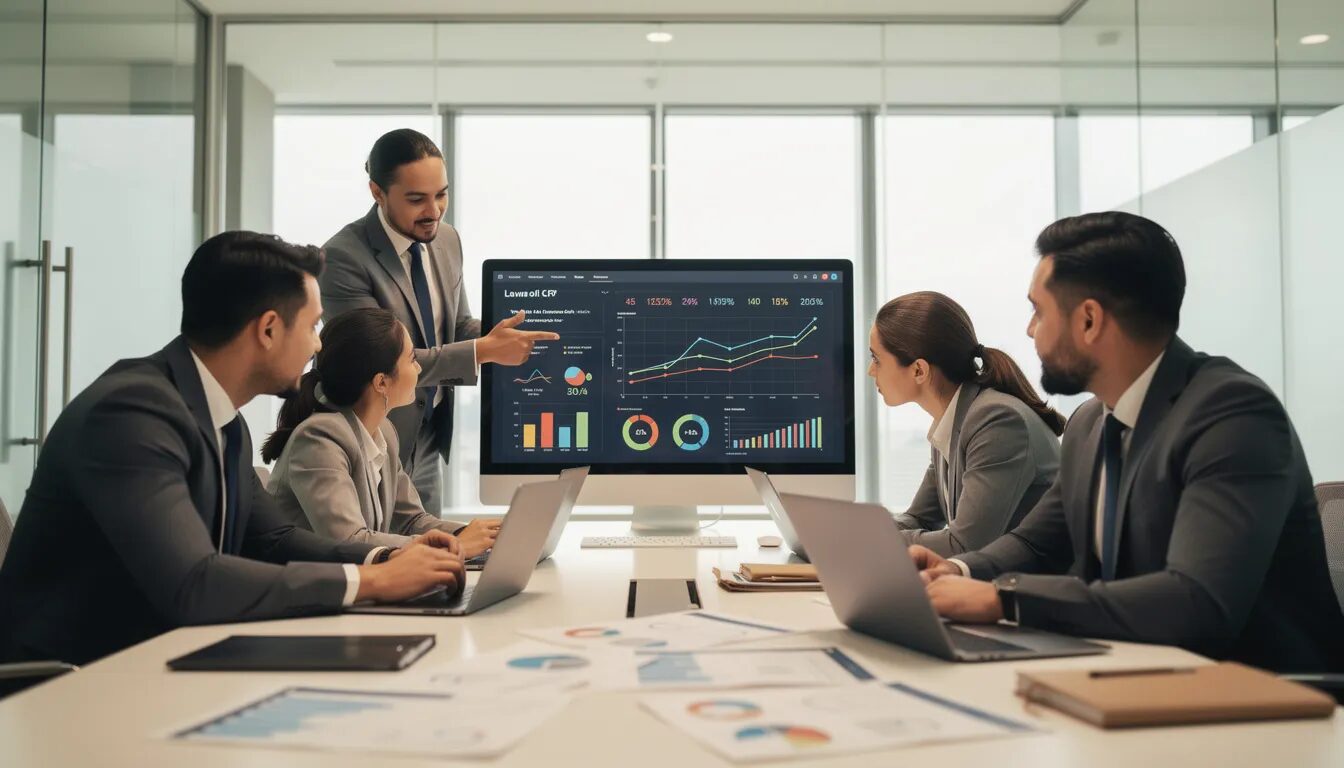 A diverse business team collaborates around a computer screen, analyzing analytics and performance metrics to refine their lead generation strategy. They discuss valuable insights on effective lead generation efforts and how to better target their audience for improved business growth.