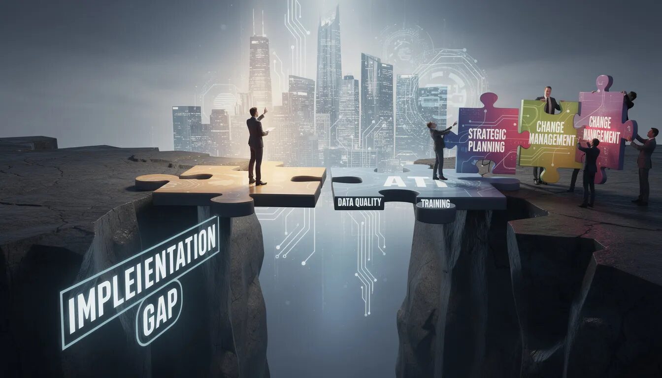 The image depicts a business leader skillfully navigating a complex puzzle bridge over a chasm labeled 'Implementation Gap,' with missing pieces representing 'Data Quality' and 'Training.' Other pieces, such as 'Strategic Planning' and 'Change Management,' are being placed to illustrate the path toward a successful AI-integrated future in customer service, emphasizing the importance of operational efficiency and customer satisfaction.