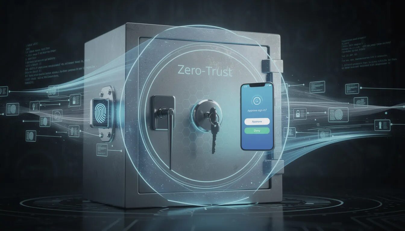 The image depicts a symbolic digital vault for small businesses, featuring a secure vault door with multiple locks representing multi-factor authentication, including a fingerprint, a key, and a smartphone. Surrounding the vault is a shimmering 'Zero-Trust' force field, emphasizing the importance of data security and operational efficiency in the digital transformation journey of businesses.