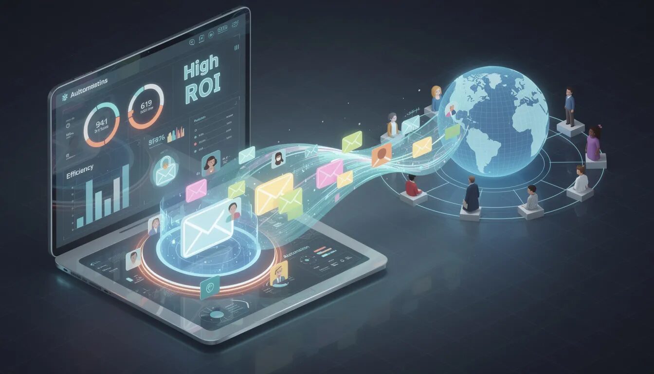 The image depicts a sleek, futuristic control panel featuring a marketing dashboard with highlighted metrics like 'High ROI' and 'Efficiency'. A flow of personalized email envelopes streams from an automation hub towards diverse customer icons on a globe, illustrating scalable digital marketing strategies that enhance customer engagement and drive business growth.