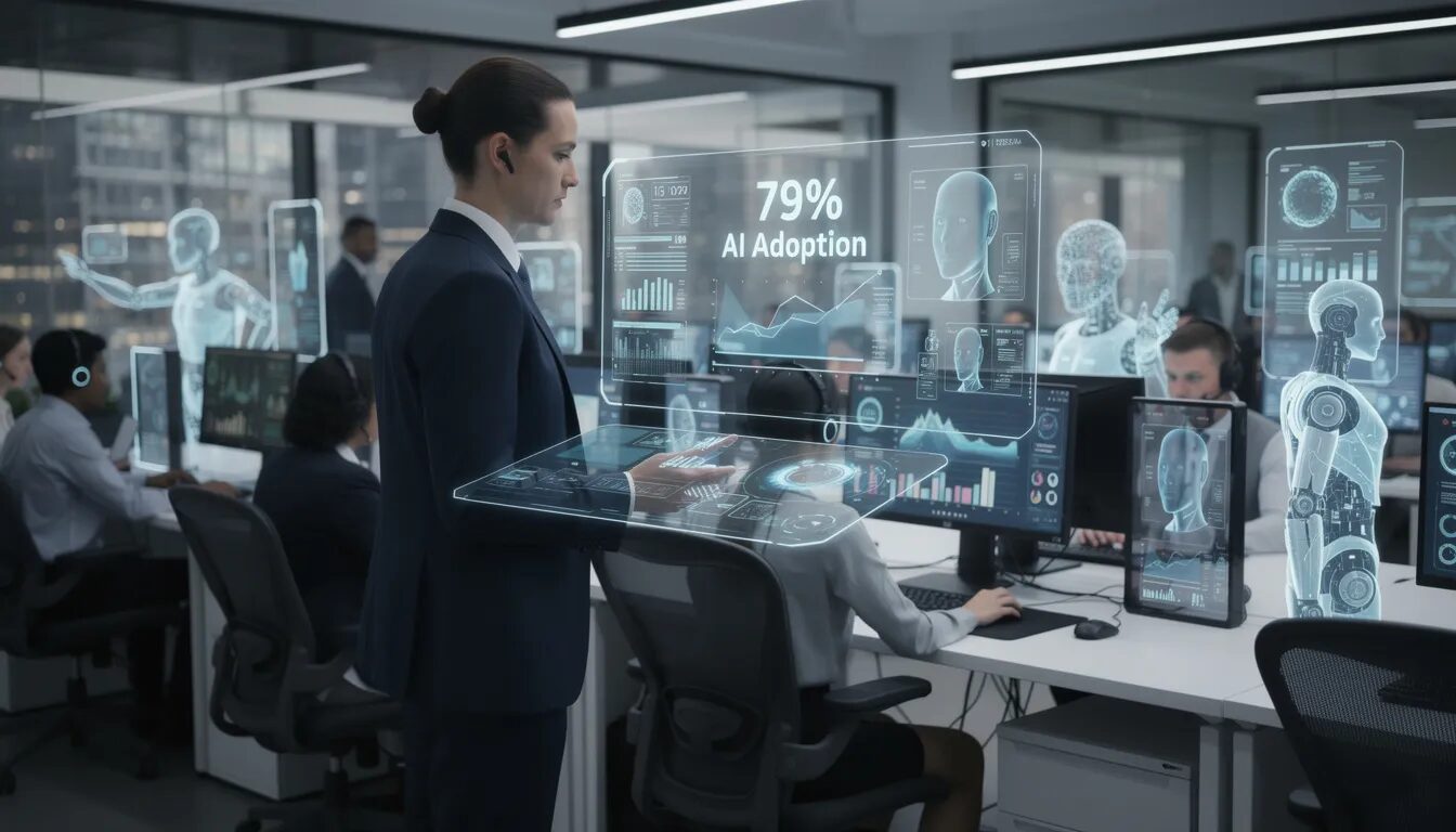 The image depicts a modern customer service center where a manager examines a holographic display showing '79% AI Adoption.' In the bustling environment, AI tools and human agents collaborate seamlessly, highlighting how artificial intelligence is revolutionizing customer service operations and enhancing customer interactions for improved satisfaction and loyalty.