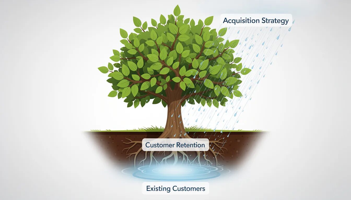 The image depicts a thriving tree with deep roots labeled 'Customer Retention,' drawing nourishment from a source marked 'Existing Customers.' Its branches are lush with new leaves, symbolizing healthy growth fueled by a gentle rain labeled 'Acquisition Strategy,' illustrating the importance of effective customer acquisition strategies for sustainable business growth.