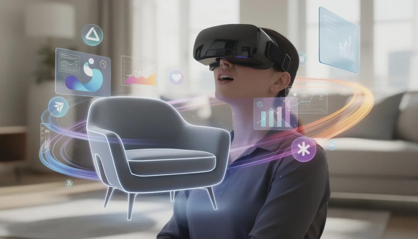 A person wearing a VR headset displays a look of wonder as they interact with a virtual product, a sleek armchair, seamlessly integrated into their real living room through augmented reality. Surrounding them are dynamic, colorful brand story elements, highlighting effective digital marketing strategies in an immersive experience that enhances customer engagement and satisfaction.