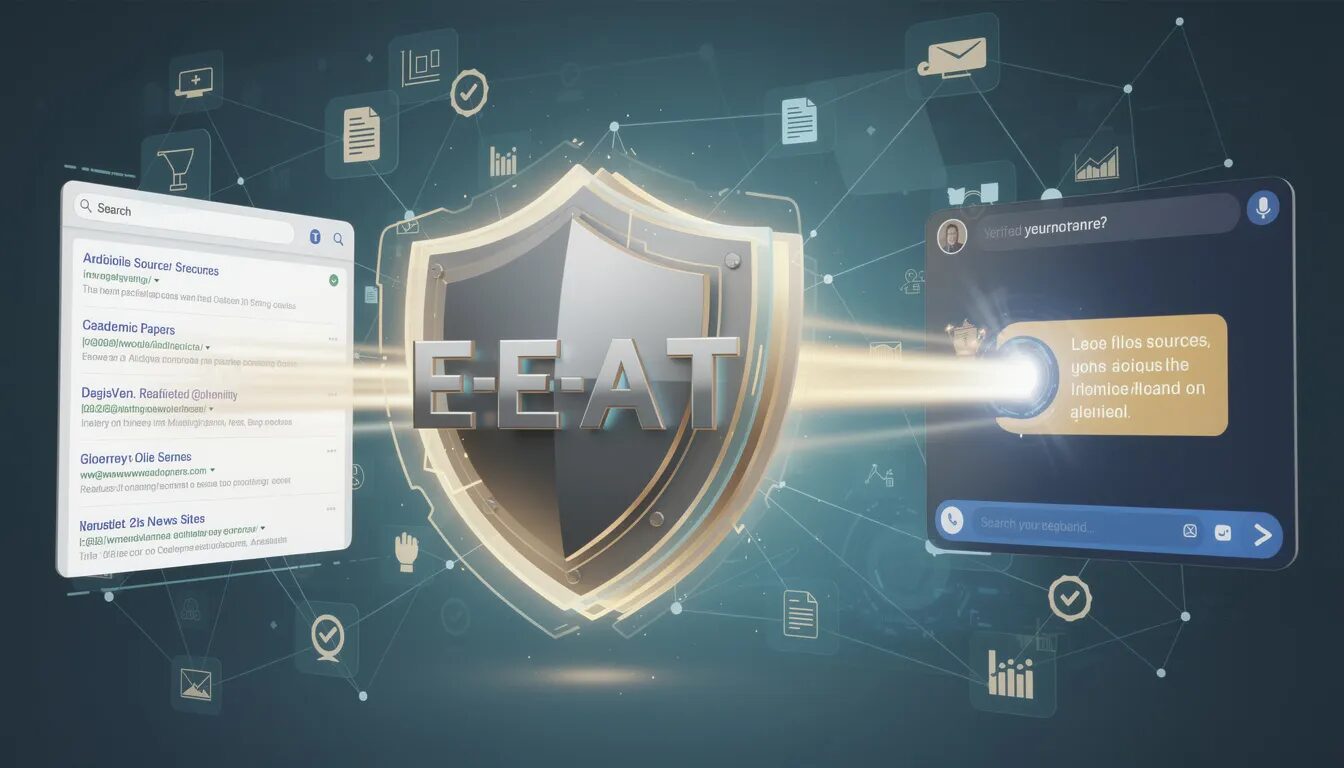 The image features a glowing, layered shield emblazoned with the letters E-E-A-T, symbolizing trust and authority in digital marketing. Behind the shield, a network of credible sources and data points converges into a comprehensive article, illustrating the importance of high-quality content and effective digital marketing strategies across search engines and AI interfaces.