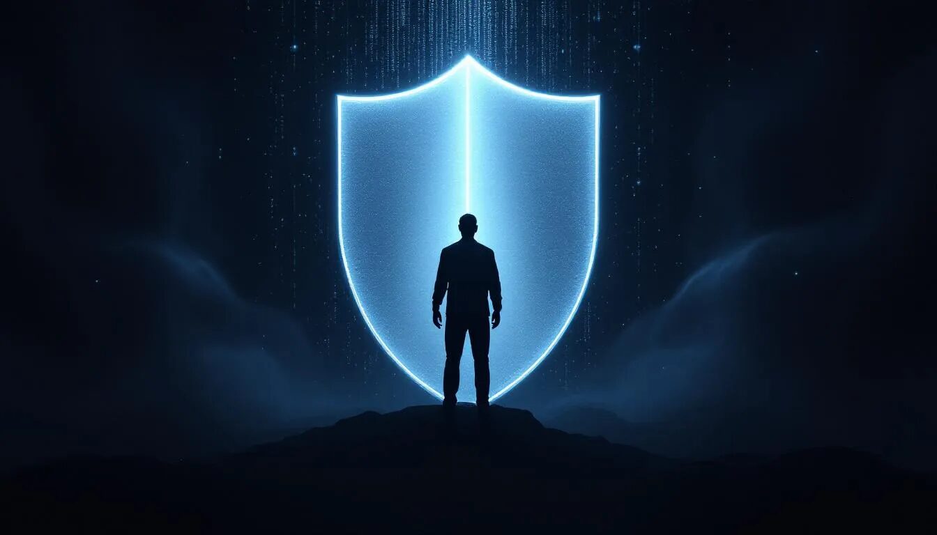 The image depicts a silhouetted figure standing confidently behind a large, translucent shield that symbolizes online anonymity as a protective barrier. A bold beam of light representing their voice cuts through a shadowy digital landscape, conveying a sense of safety and empowerment in anonymous online environments, highlighting the importance of anonymity in protecting users from online abuse.