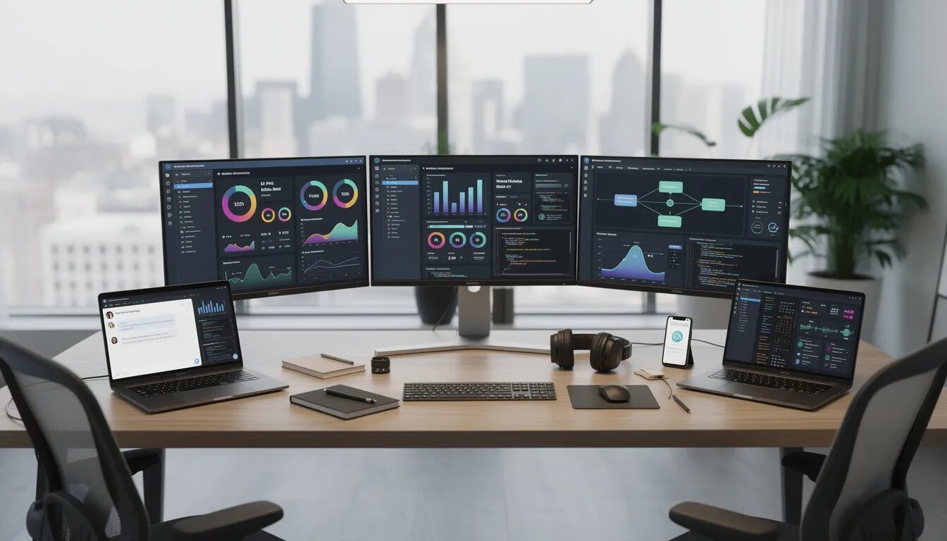 The image depicts a modern office workspace featuring multiple screens displaying AI dashboards and automation tools, designed to enhance business growth strategies for small to mid-sized companies. This setup emphasizes data-driven decisions and technology solutions that support small business owners in engaging existing customers and exploring new markets.