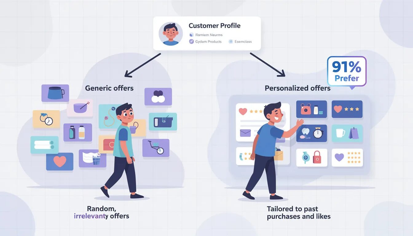 The image depicts a customer's journey split into two paths: one showing a disinterested individual receiving random offers, and the other featuring a smiling customer engaged with personalized offers based on their past purchases. A "91% Prefer" badge highlights the effectiveness of personalization strategies in enhancing customer loyalty and satisfaction.