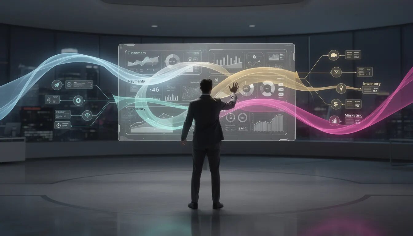 A business leader interacts with a single holographic dashboard that seamlessly integrates data streams for customers, payments, inventory, and marketing, showcasing the power of digital ecosystems in the digital age. This intuitive interface highlights how platform ecosystems facilitate management through automation and strategic partnerships, creating new opportunities for value creation in the global economy.