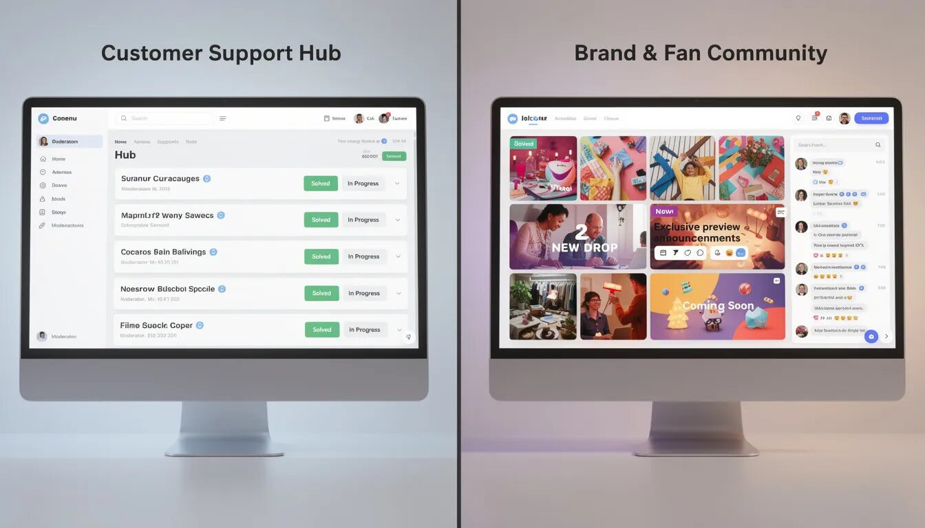 The image depicts a split-screen showcasing two distinct online communities: on the left, a structured 'Customer Support Hub' featuring organized threads and moderator badges, and on the right, a lively 'Brand & Fan Community' filled with user-generated content and active discussions. Both designs highlight the importance of tailored community structures in fostering trust and engagement among community members.