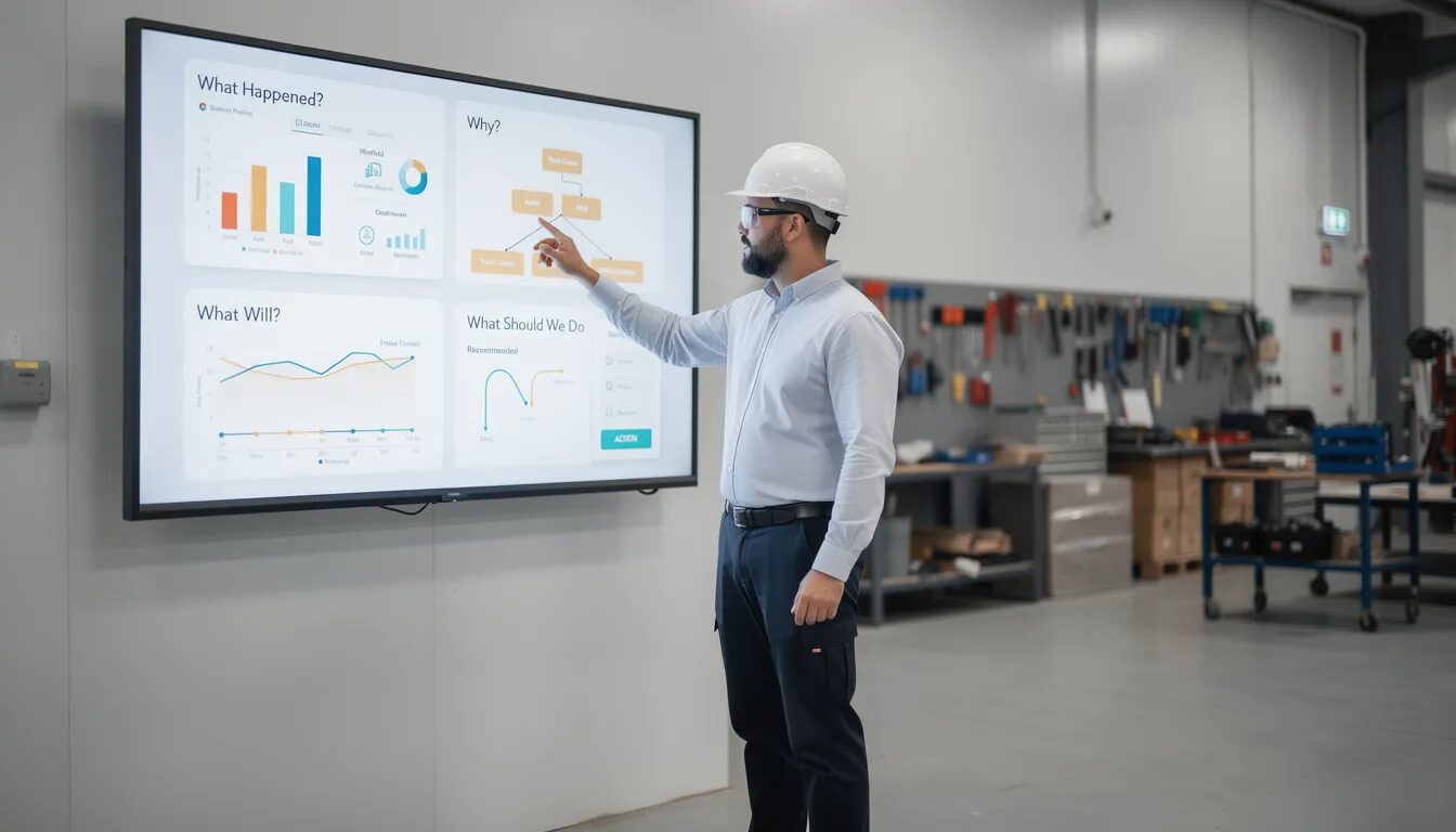 In a clean and modern workshop, an operations manager wearing a hard hat engages with a large touchscreen dashboard that displays four quadrants: live metrics, a root-cause diagram, a forecast graph, and a recommended action. This scene emphasizes the importance of data analytics in enhancing operational efficiency and informed decision-making processes, showcasing how actionable insights can empower business leaders to improve customer satisfaction and optimize operations.