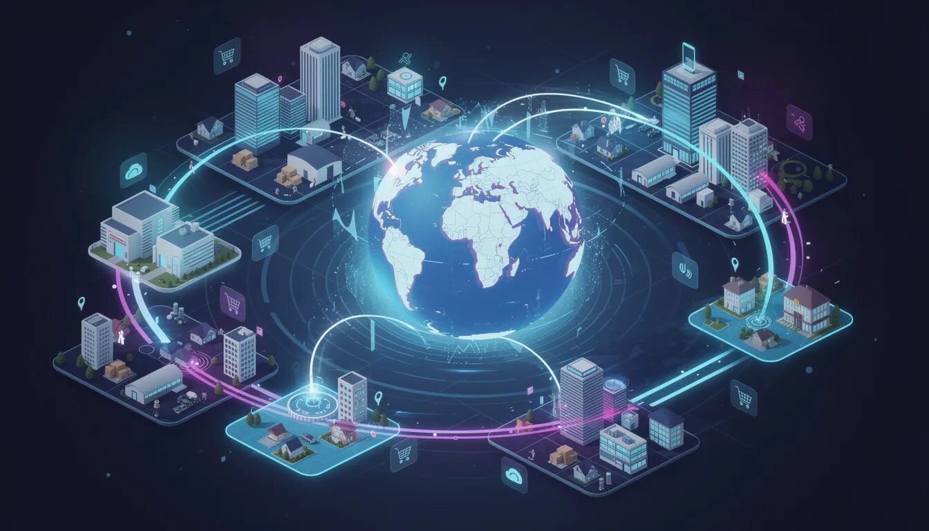 The image depicts a global connectivity visualization, illustrating digital pathways that link businesses and customers across continents, emphasizing the importance of digital platforms and ecosystems in the modern digital world. This interconnected network showcases how strategic partnerships and technology systems facilitate value creation and drive digital transformation in the global economy.