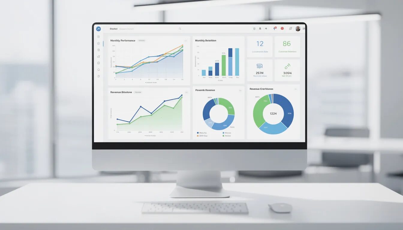 The image features a business analytics dashboard displayed on a computer screen, showcasing various growth metrics, charts, and key performance indicators (KPIs) that highlight business growth strategies for small to mid-sized companies. This visual representation aids business owners in tracking progress, identifying growth opportunities, and making data-driven decisions to engage existing customers and attract new ones.