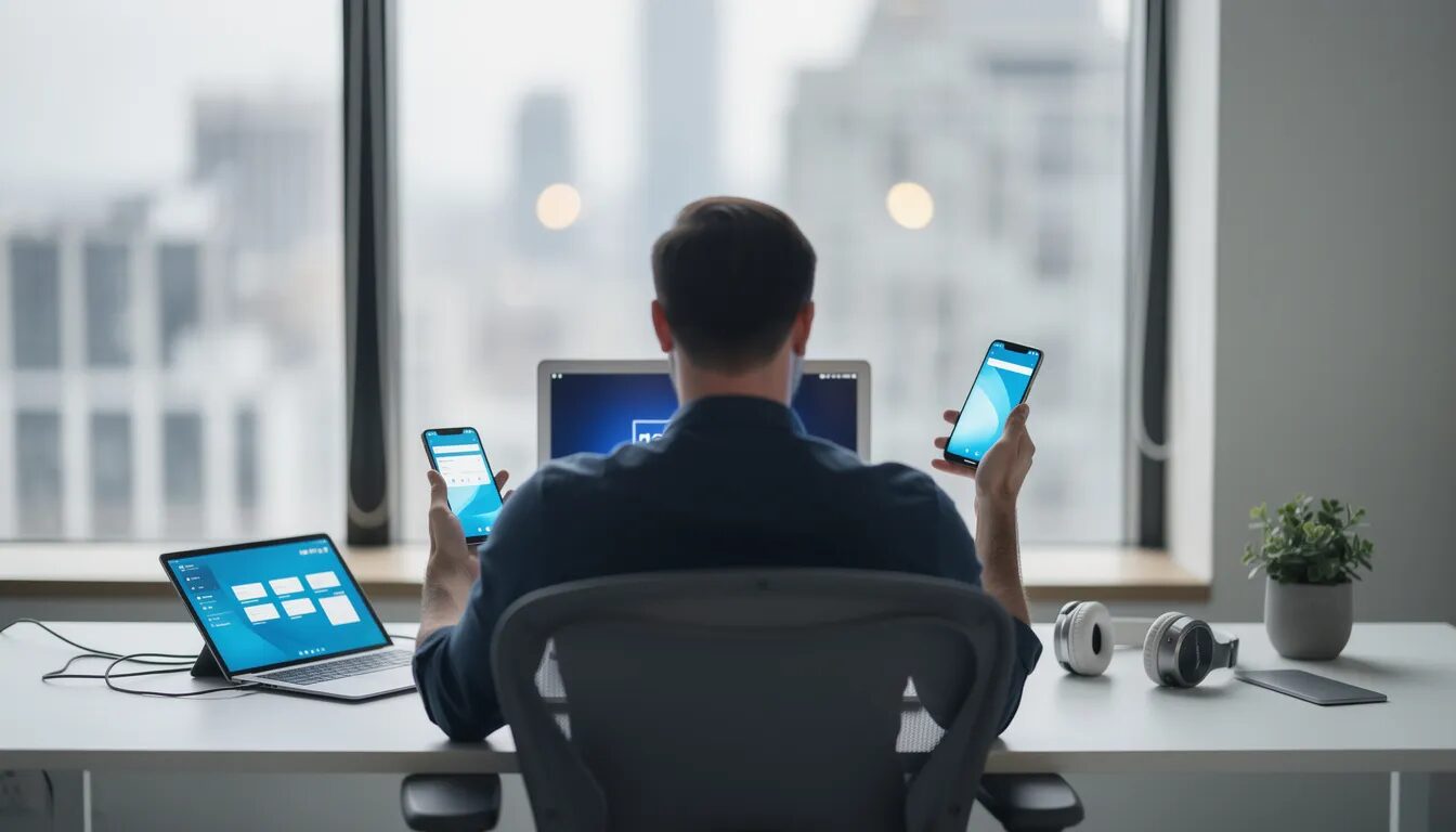 The image depicts a person engaged in a modern workspace, simultaneously using a smartphone, tablet, and laptop, showcasing the concept of cross platform user behavior. This scenario highlights the integration of multiple devices in the user journey, reflecting how users switch between platforms for seamless interactions and data collection.