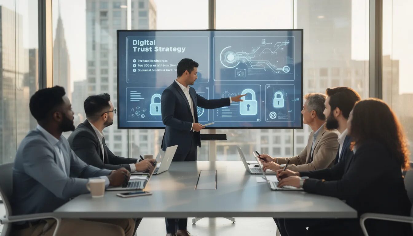 A diverse team of professionals collaborates in a modern office setting, discussing strategies to enhance digital trust in today's interconnected world. They focus on robust security measures to protect sensitive data and prevent data breaches, ensuring customer loyalty and establishing trust in digital transactions.