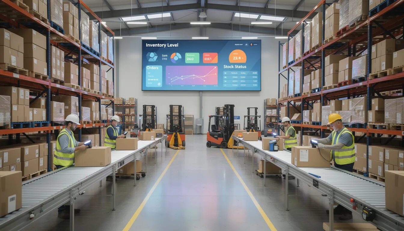 The image depicts a busy warehouse floor where workers are actively scanning packages, while digital displays show real-time inventory levels. This environment highlights the importance of data-driven decision making and operational efficiency, as the integration of data analytics enhances the supply chain and informs business decisions.