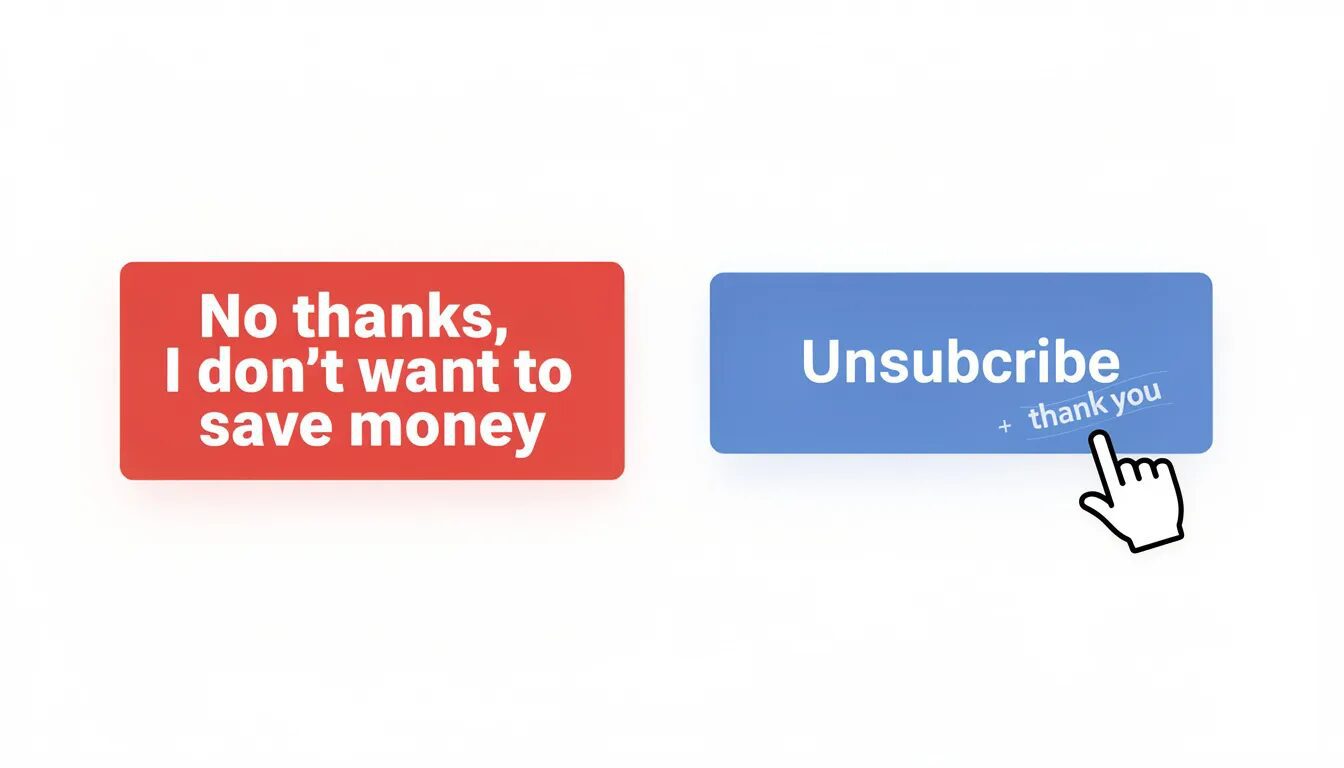 The image features two buttons displayed side-by-side: the first button, designed unethically, reads "No thanks, I don't want to save money" in a guilt-inducing red, while the second button, adhering to ethical design principles, simply states "Unsubscribe" in a neutral blue. A cursor clicks the ethical button, leading to a subtle "thank you" message that acknowledges and respects the user's choice, emphasizing the importance of user trust and informed decisions in today's digital landscape.