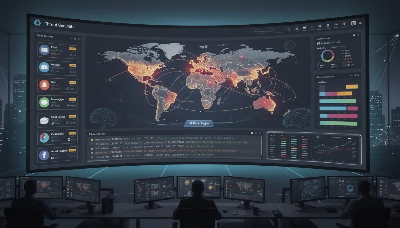 The image depicts an AI-powered security dashboard that provides real-time threat detection across various communication platforms, highlighting security measures such as end-to-end encryption and multi-factor authentication to safeguard sensitive data during business communications. The dashboard showcases detailed analytics and actionable insights to help organizations navigate the evolving threat landscape effectively.