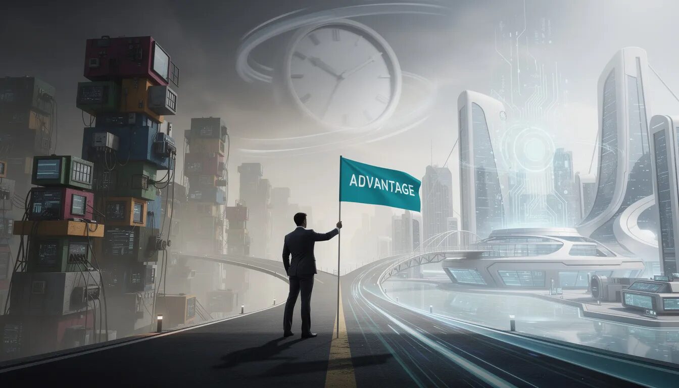 A business leader stands confidently at a crossroads, choosing the new path leading to a sleek, efficient city powered by a central AI platform, symbolizing the future of SaaS solutions. In contrast, the old path fades into a complex city of disconnected software towers, while a clock in the sky emphasizes the urgency of adopting modern SaaS tools for competitive advantages in operational efficiency and customer experience.