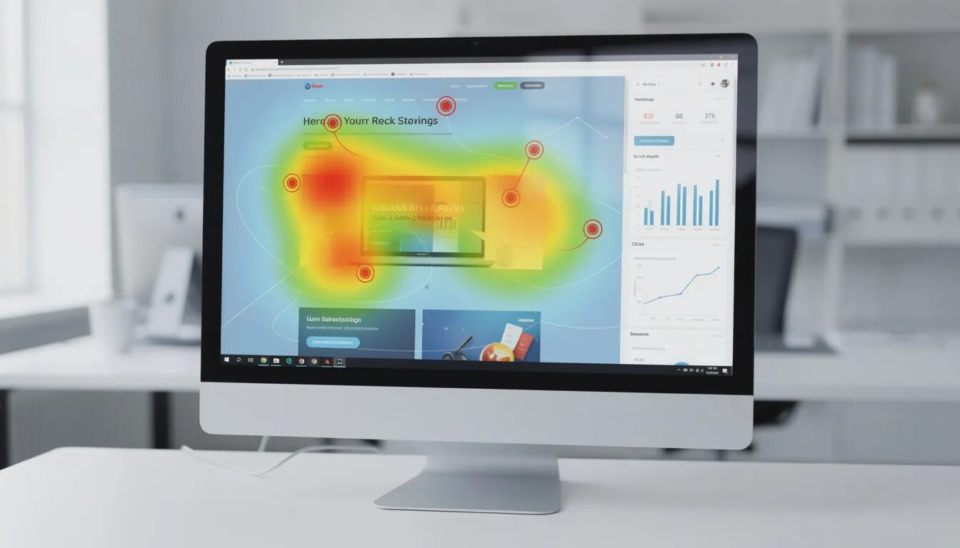 The image shows a computer screen with a colorful heat map analysis displaying website user behavior and click patterns, illustrating how visitors navigate through different stages of the sales funnel. This visual data helps in optimizing landing pages and improving conversion rates by understanding the potential customers' interactions and pain points.