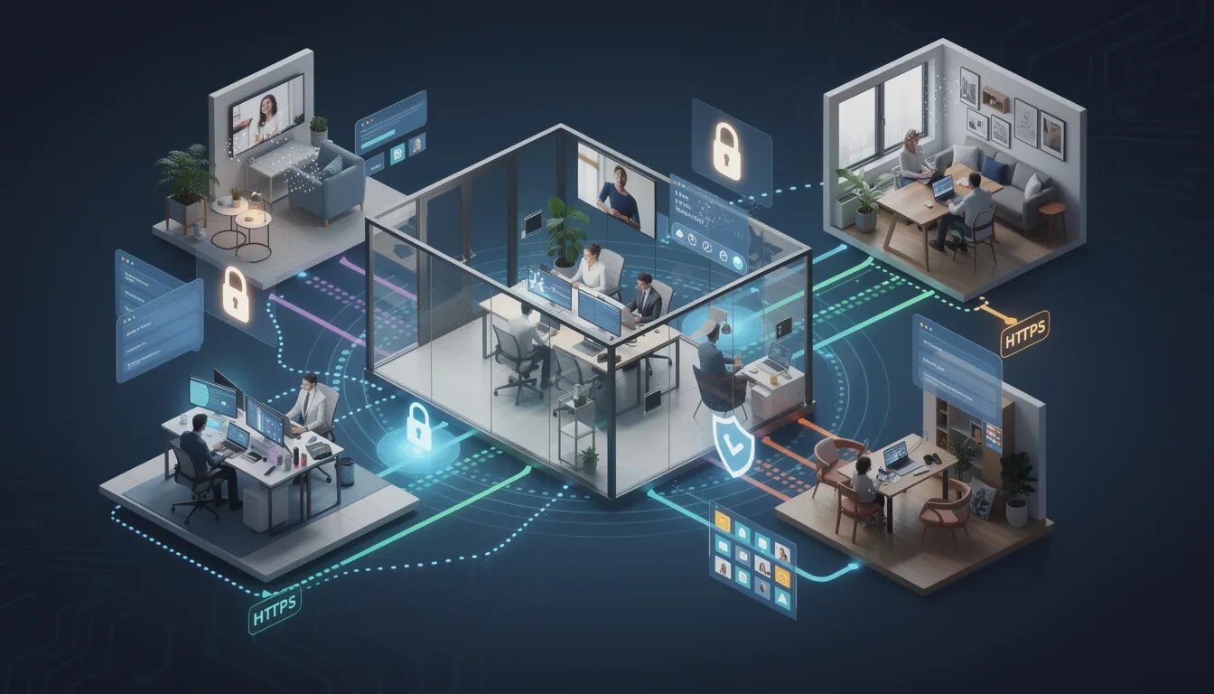 The image depicts a hybrid workplace where secure connections are established between office and remote workers using encrypted communication tools. It highlights the use of secure platforms and communication strategies, emphasizing the importance of safeguarding sensitive information through security measures like end-to-end encryption and multi-factor authentication.