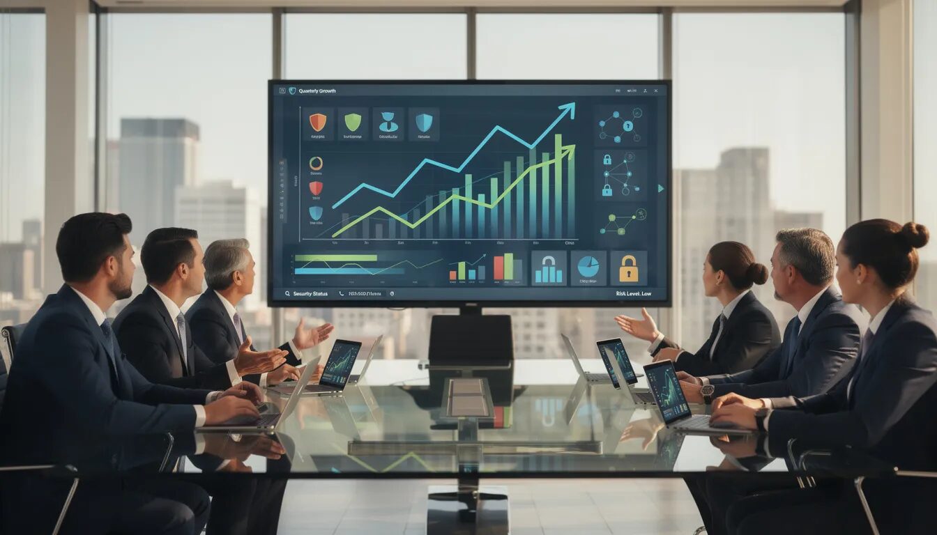 In a modern conference room, business executives are attentively reviewing positive growth charts alongside digital security metrics displayed on a large screen, highlighting the importance of robust security measures and digital trust in today's interconnected world. Their focus on data protection and effective cybersecurity reflects a commitment to maintaining customer loyalty and safeguarding sensitive data in the digital space.