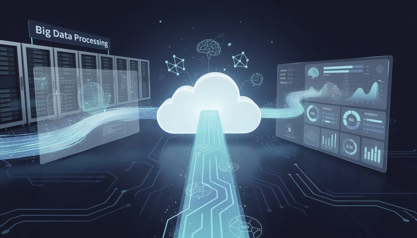 The image depicts a futuristic digital landscape centered around a glowing cloud platform, symbolizing a scalable data technology core. Three pathways extend from it, leading to servers for 'Big Data Processing', icons for AI/ML models, and an analytics dashboard, representing the integration of data-driven decision making and analytics for modern companies.