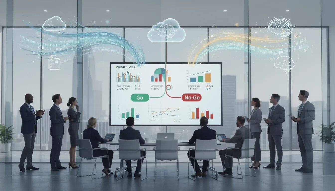 The image depicts a diverse group of professionals in a sleek, modern office, engaged in data-driven decision making. They are focused on a large screen showcasing an actionable insights dashboard filled with charts and key performance indicators, while streams of raw data flow in from cloud and AI icons, illustrating the transformation of data into informed business decisions.