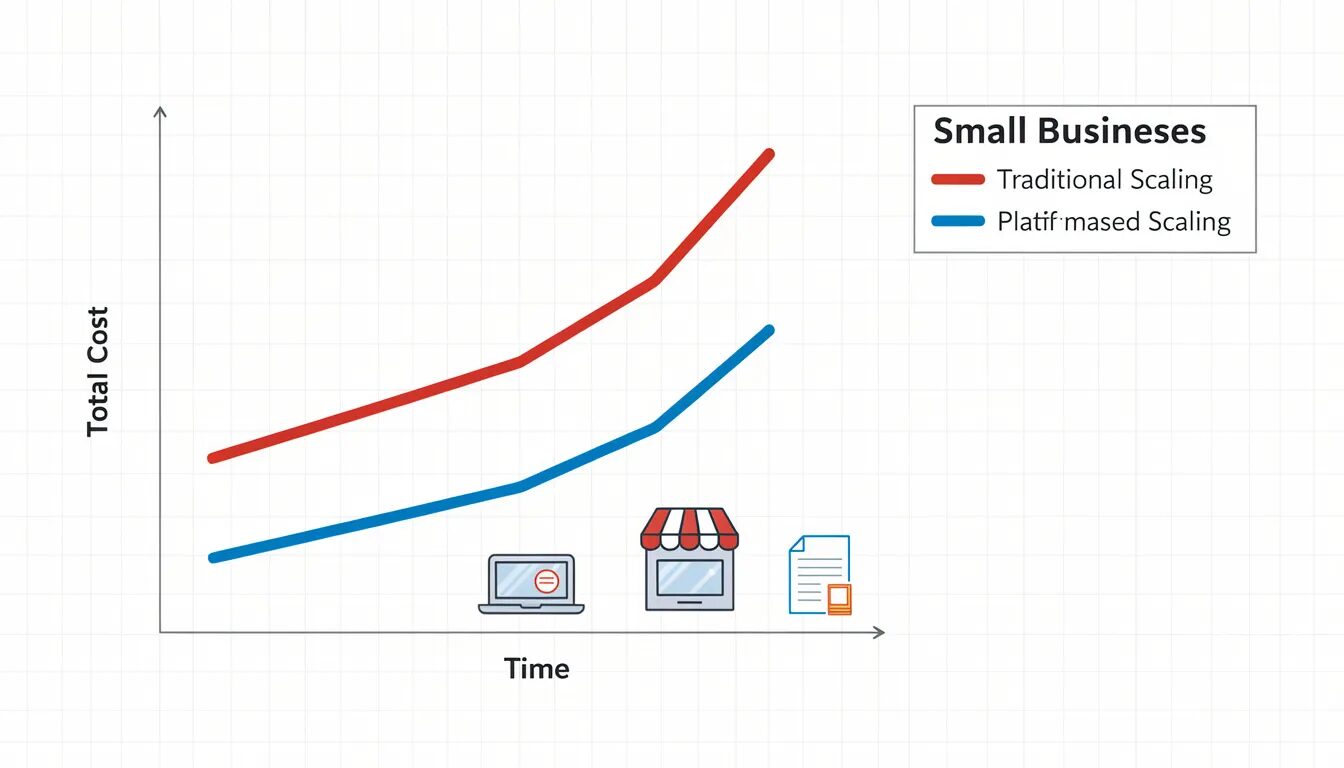 The image depicts a graph comparing the costs associated with traditional business models versus platform-based business models for small businesses. It highlights the potential for lower maintenance costs and greater value creation through the adoption of digital platforms and emerging technologies, emphasizing how small businesses can scale faster and engage customers more effectively.