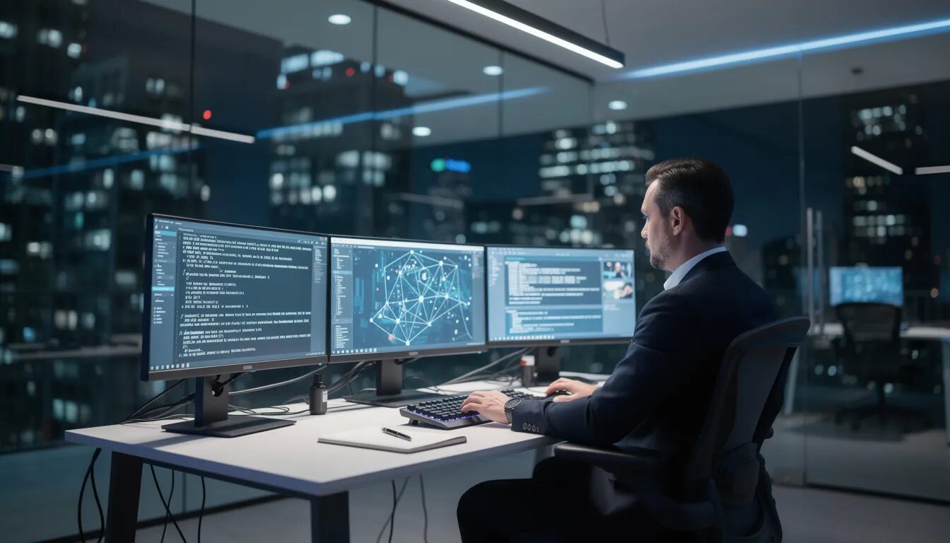 A cybersecurity professional is intently analyzing data across multiple computer monitors in a modern office, highlighting the importance of robust security measures to protect sensitive data and establish digital trust in today's interconnected world. The scene emphasizes the critical role of data management and cybersecurity in maintaining customer loyalty and preventing data breaches.