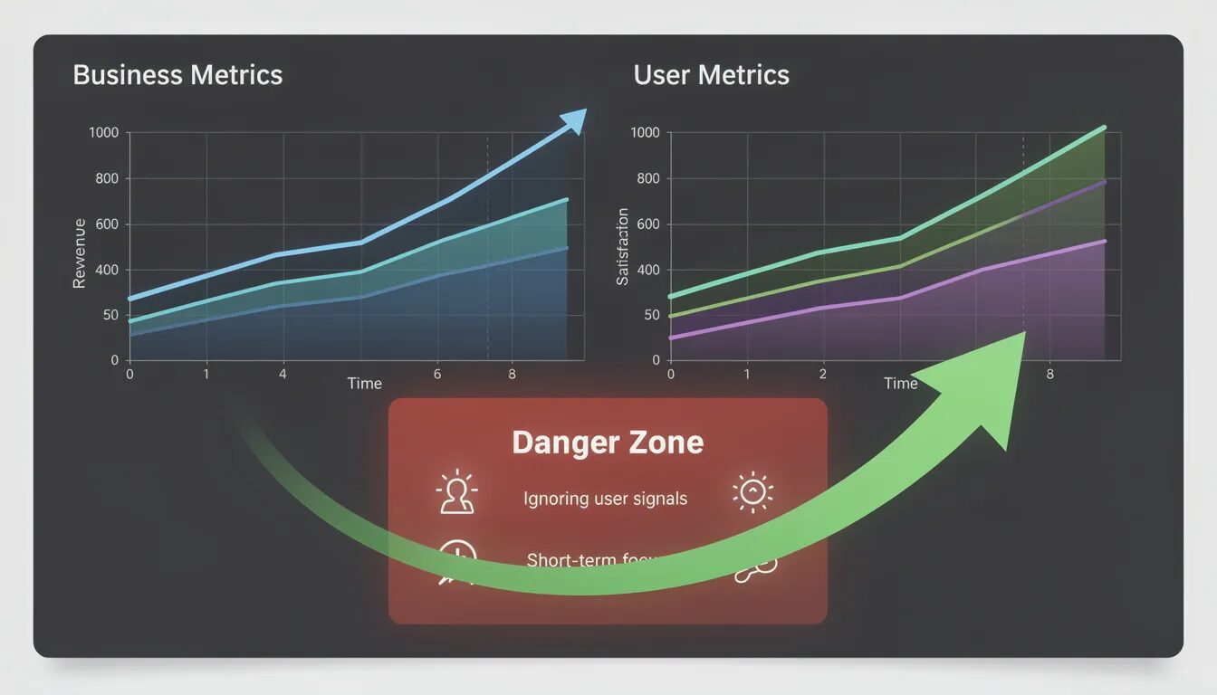 The image depicts a dashboard featuring two synchronized graphs: one representing business metrics such as revenue, and the other illustrating user-centric metrics like satisfaction and engagement. A highlighted red "Danger Zone" warns against neglecting user metrics, while an arrow emphasizes the importance of maintaining both graphs' upward trends for a successful digital platform strategy.