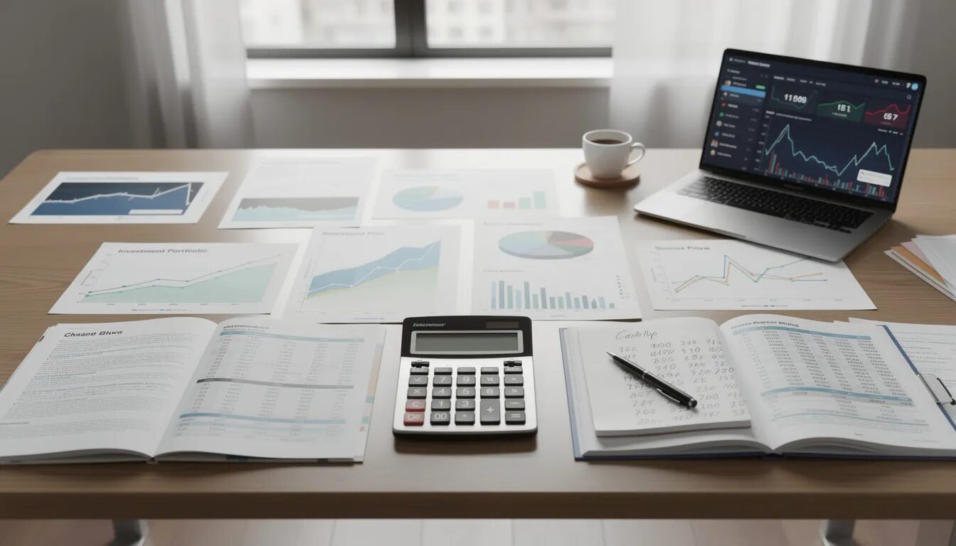 The image depicts a financial planning workspace cluttered with charts, calculators, and investment documents, illustrating the tools that small business owners use to develop growth strategies and track their business growth. This setup emphasizes the importance of strategic planning and data analytics for engaging existing customers and exploring new markets.